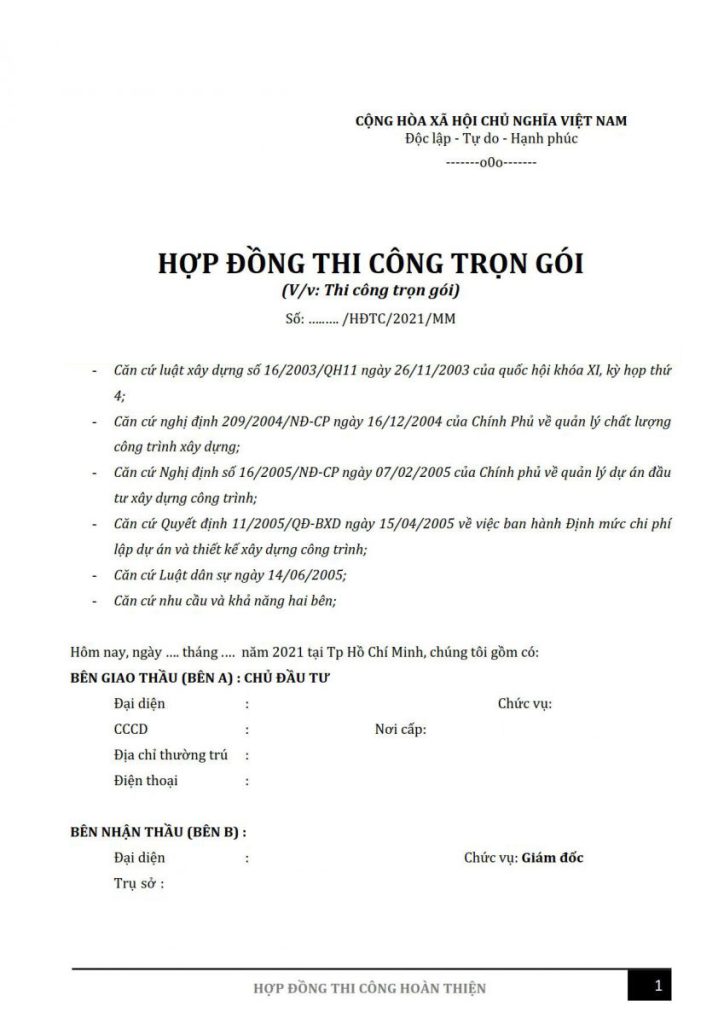 mẫu hợp đồng giao khoán trọn gói